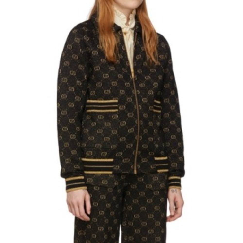 Gucci Lurex GG Monogram Metallic Wool Zip Knit Jacket Black Gold XS